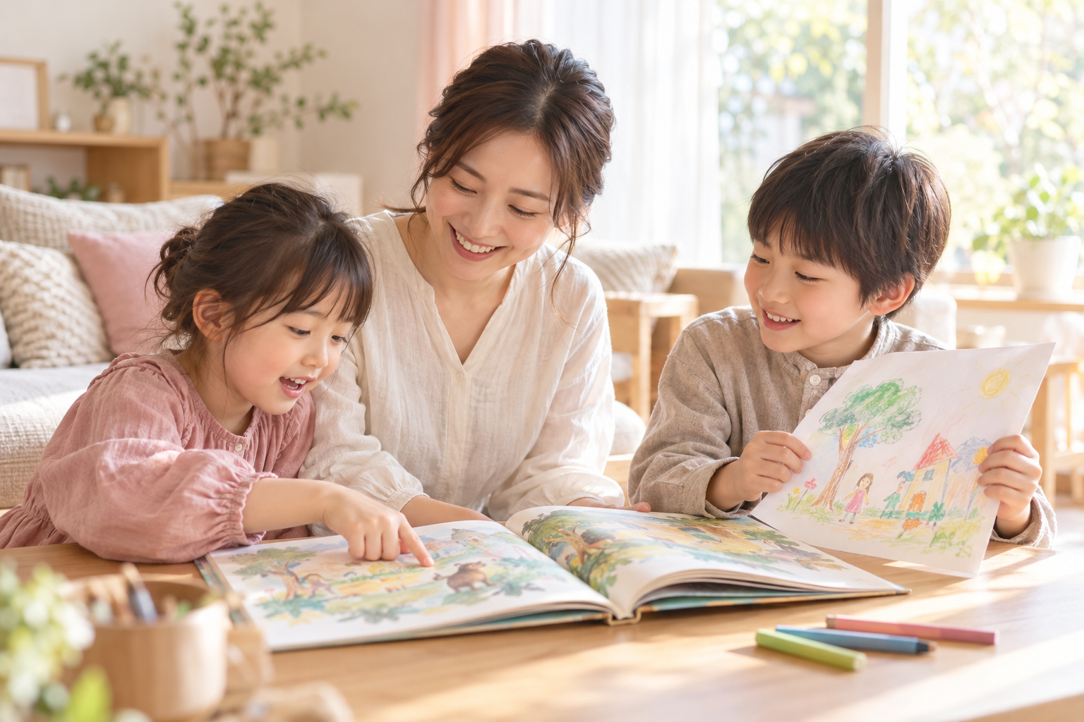 親子で絵本とお絵描きを楽しむイメージ